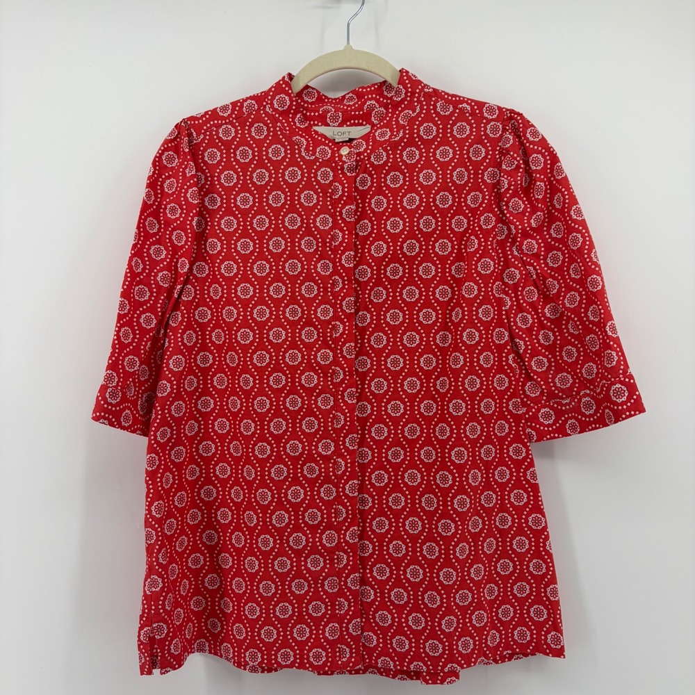LOFT Womens Small Red White Blouse Geometric Floral Band Collar Elbow Sleeve - Picture 1 of 6